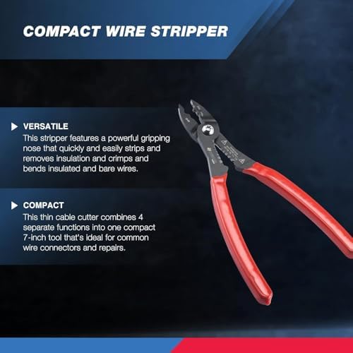 NEIKO 02037A Compact Wire Stripper | 4-in-1 Multi Purpose Electricians Pliers | Wire Crimper, Cutter and Gripper | 12-20 AWG Wire Service Tool | Crimps Insulated & Non-Insulated | Electrical Stripping