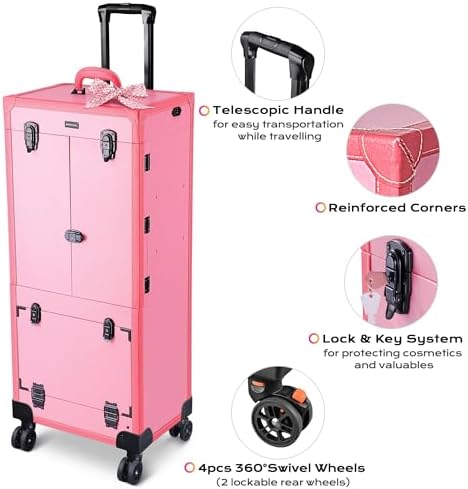 BYOOTIQUE Rolling Makeup Case with Lighted Mirror Hairstylist Station | Salonwith 2 Drawer,4 Trays,Hair Dry Holder,Professional Hairdressing Case,Beauty Salon Cart,Portable Vanity,Mobile