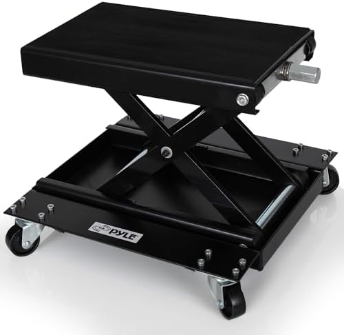Pyle Motorcycle Lift, Scissor Jack, Dolly, Heavy Duty Steel, 1100 lbs Capacity, Black Powder Coat, Anti-Skid Rubber, Collapsible, Portable