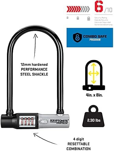 Kryptonite U-lock, 12mm Hardened Carbon Steel Shackle, 4-Digit Resettable Combination, Black