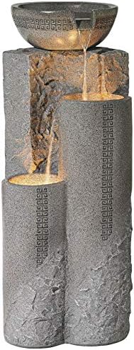 Outdoor Large Bowl and Pillar 34 1/2" High Modern Fountain with LED Lights | Zen Decor Faux Stone Floor Standing Waterfall Tiered Water Feature for