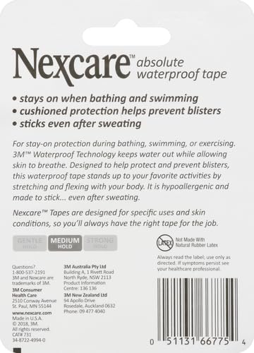 Nexcare Absolute Waterproof First Aid Tape, from The #1 Leader in U.S. Hospital Tapes, Stays on During Sports, Seals Out Water, Dirt and Germs, 1-Inch x 5-Yard Roll