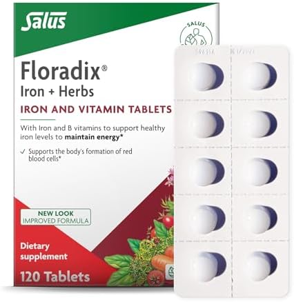 Floradix Iron Tablets - Iron Supplement with B Vitamins, Folic Acid, Vitamin C & More - Energy Support - Vegetarian & Gluten-Free - 80 Tablets (80 Servings)