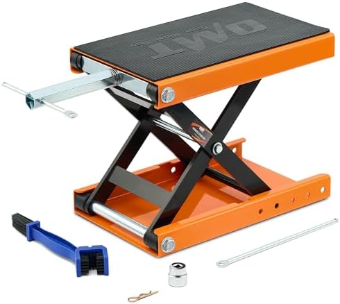 OMT 1100lb Motorcycle Scissor Lift Jack Wide Deck Motorbike Hoist Stand | Center Stand For ATV Dirt Bike Cruiser; T Handle And 3/8 Inch Socket; 3.7 To 14.6 Inch Lift; 5 Locking Holes; Chain Brush