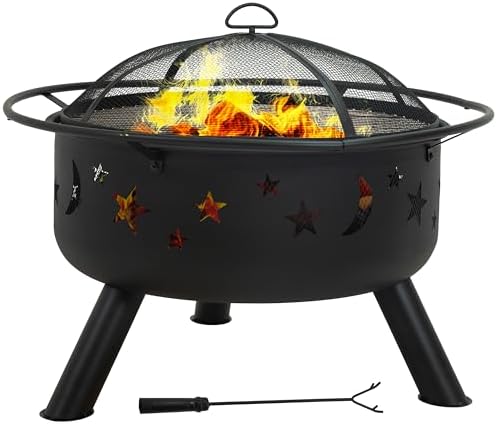 Sunnydaze Cosmic 30" Fire Pit with Cooking Grate for Outside, Wood Burning | Bronze, Heavy Duty Steel Metal, Includes Spark Screen & Poker, Round Outside Firepit for Patio, Deck, Backyard BBQ, Bonfire