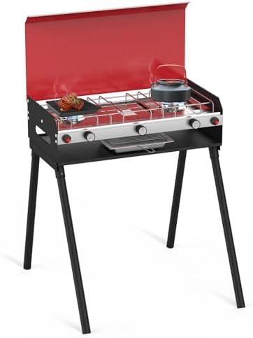 CAMPLUX 2 Burners & 1 Grill Propane Camping Stove, 15, 000 BTU Portable Outdoor Propane Camping Grill Burner with Free Standing Legs