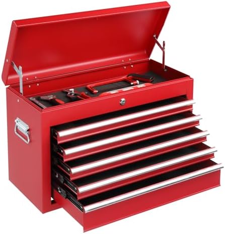 24" Metal Portable Tool Box with 5 Drawers, Lockable, Red | ToolBox with Top Storage Tray, Carry Handle, Ball Bearing Runners, Tool Chest Cabinet for Garage, Warehouse, Repair Shop