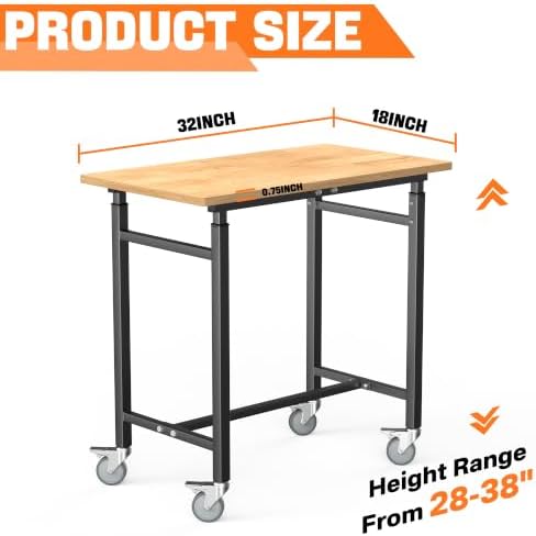 TORACK Adjustable Workbench with Rubberwood Top, Rolling 32x18 in Worktable | Height adjustable 28"–38", heavy-duty garage workbench with Wheels, up to 1000 lbs