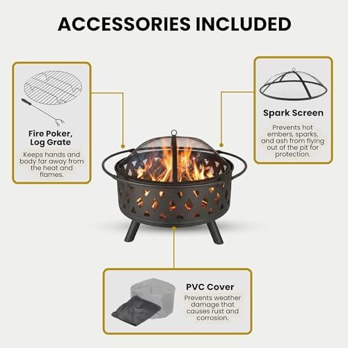 Fire Pit - 32-Inch Outdoor Wood Burning Firepit with Screen, Poker, and Cover - Outdoor Fire Pits for Backyard, Deck, or Patio by Pure Garden (Black)