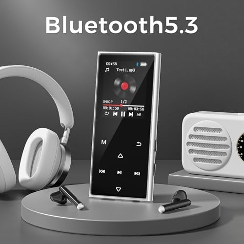 128GB MP3 Player with Bluetooth 5.4, AGXOV Music Player with Built-in HD Speaker, FM Radio, Voice Recorder, HiFi Sound, E-Book, Earphones Included