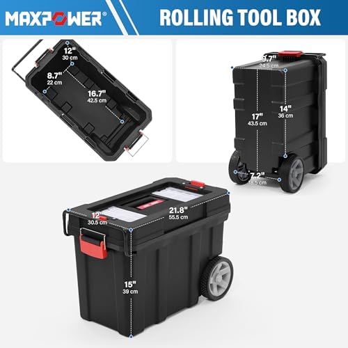 MAXPOWER Small Tool Box, 14-inch Plastic Tool Boxes with Handle | Removable Tray with Dual Lock Secured, Red Toolbox for Home