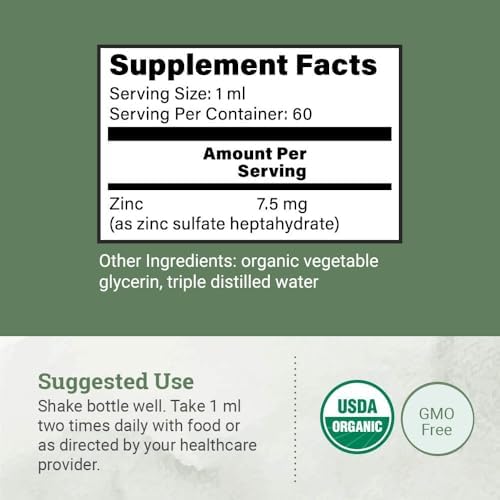 Organic Liquid Zinc Sulfate - Pure Zinc Supplements for Skin Health, Immune System Function and Normal Cell Growth in Adult Men & Women - Non-GMO