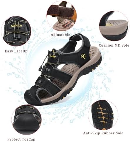 FLARUT Men's Sport Sandals Closed Toe Leather Water Hiking Shoes