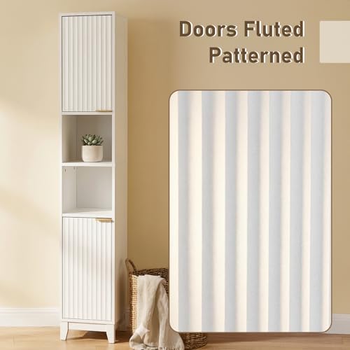 VINGLI White Fluted Tall Narrow Bathroom Cabinet, 67" Slim Freestanding Storage Cabinet for Small Spaces, Wood Linen Tower Floor Cabinet with 2 Doors