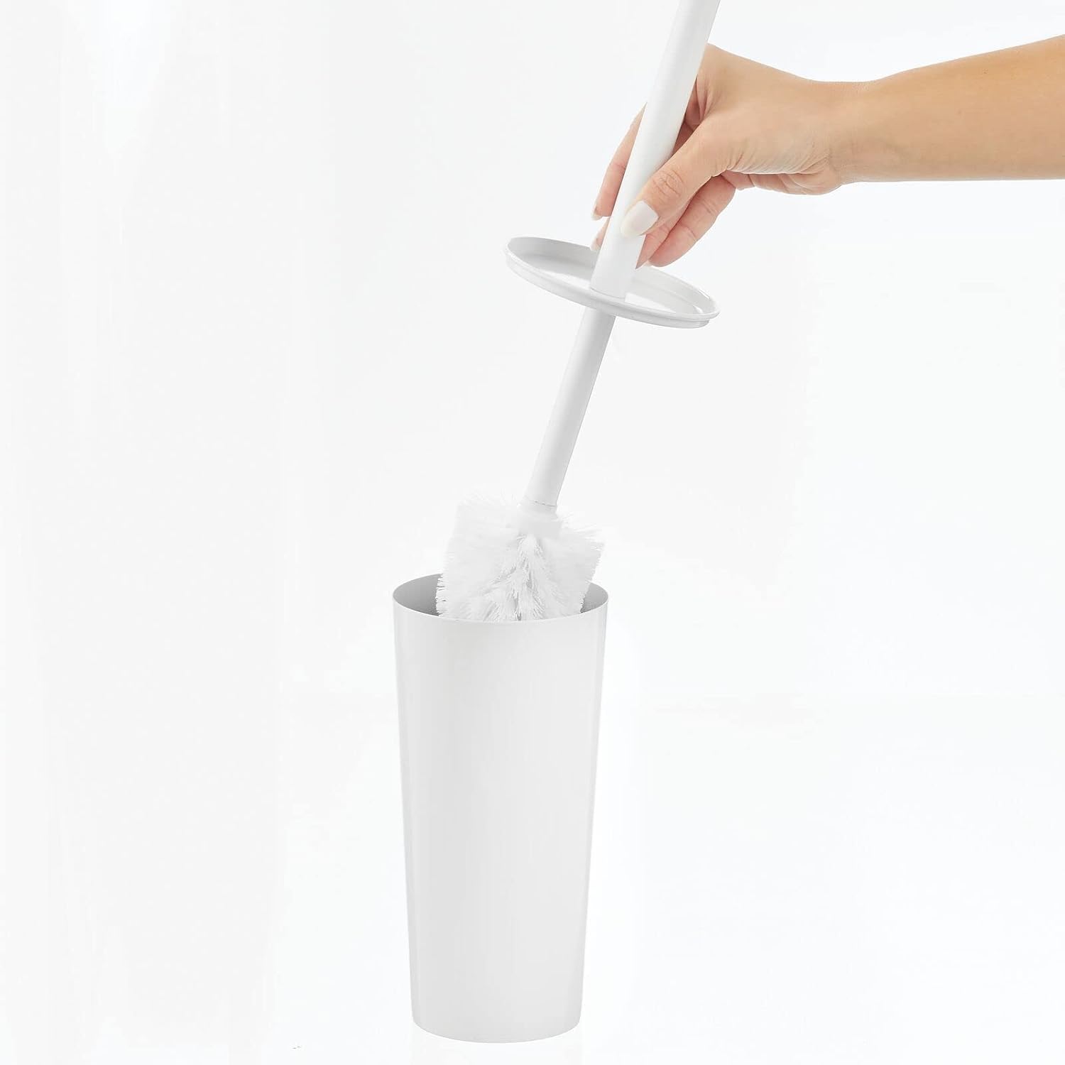 mDesign Metal Freestanding Slim Toilet Bowl Brush and Holder + Rectangle Narrow 5 Liter / 1.3 Gallon Step Pedal Trash Can Wastebasket for Bathroom