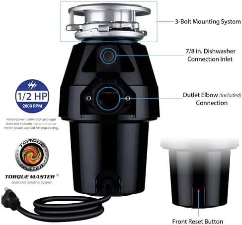 Eco Logic 1/3 HP Garbage Disposal, Universal 3-Bolt Mount, Power Cord