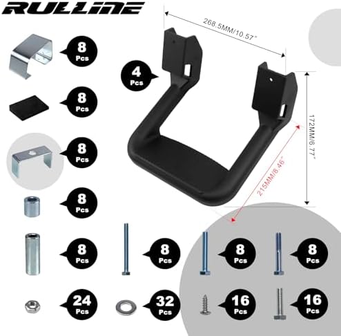 RULLINE Black Side Step Set Compatible with Chevy/Toyota/Dodge/GMC/Jeep | Black powder-coated steel resists rust. Includes mounting brackets. 4-piece set (1 pair). Fits most full-size trucks