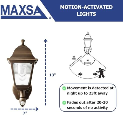 Maxsa 44219 Premium Wireless Battery-Powered Motion-Activated Decorative Outdoor Wall Sconce Lighting Fixture, Cool White LED, Metal Housing, Black