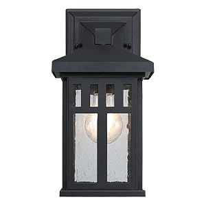 Craftsman-style textured black fixture featuring strong lines and clear seeded glass.