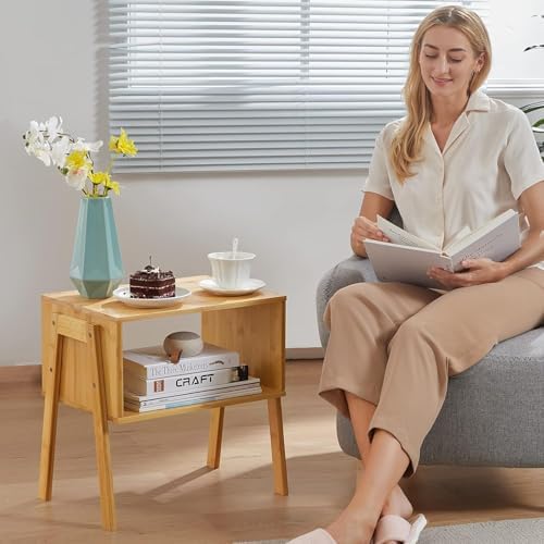 Pipishell Nightstands Set of 2, Bamboo Stackable Bedside Table, Night Stands with Storage Shelf, Small Bed Side Tables, 2-Tier End Table for Bedroom