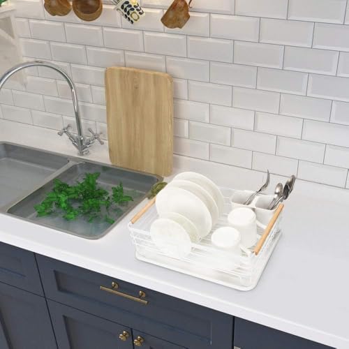 Dish Drying Rack with Wood Handle, Drain Board, White