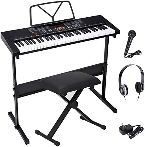 Saturnpower 61-Key Portable Electronic Keyboard Piano with Built In Speakers, Headphones, Microphone, Dual Power Supply, Piano Stand