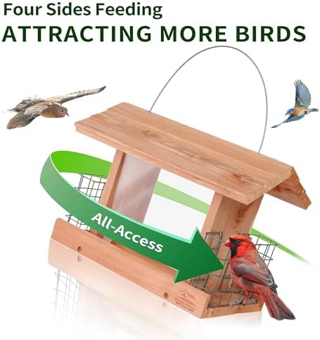 Solution4Patio US Cedar Hopper Bird Feeder for Outdoors Hanging, Handcrafted Wood Double Suet Cage & Clear View Windows, Squirrel-Proof Wild Bird Feeder for Cardinals, Finches, Chickadees