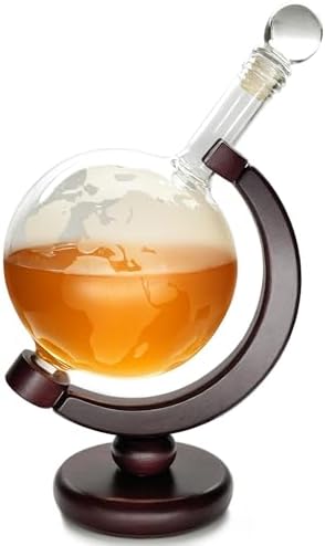 Lily's Home World Globe Whiskey Decanter with Dark Finished Wood Stand and Bar Funnel