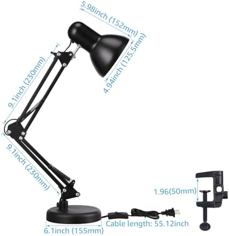 TORCHSTAR Metal Desk Lamp, Adjustable Swing Arm, E26, Black | Architect Gooseneck Multi-Joint Clip Table Lamp with Plastic Clamp, for Home Office, Work, Study, Reading, Bulbs not Included