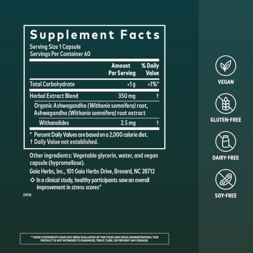 Gaia Herbs Ashwagandha Root 350 mg - Supports Balanced Energy Levels & Positive Outlook*- Supports Healthy Cortisol Balance* - 60 Vegan Liquid Phyto-Caps (30 Servings)
