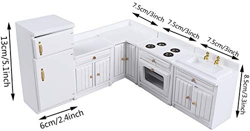 1:12 Scale Dollhouse Kitchen Furniture Set, 5 Piece Wooden Miniature Kitchen Accessories with Cabinet, Fridge, Sink, Corner Cabinet