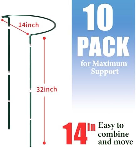 TCBWFY 10 Pack Garden Plant Support Stakes, 10" Widex16 High Heavy Duty Interlinked Half Round Peony Support Ring Cage for Indoor Outdoor Plants