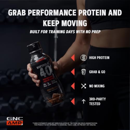 GNC AMP Wheybolic 40, Chocolate, 14 oz, 12 Bottles | Ready to Drink Whey Protein with 40G Protein and Betapower to Support Strength
