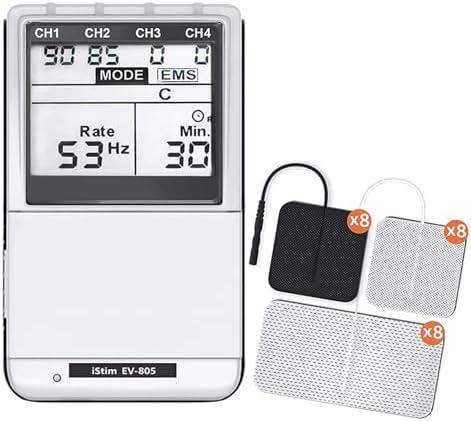 iSTIM EV-805 TENS EMS 4 Channel Rechargeable Combo Machine Unit - Muscle Stimulator + Back Pain Relief and Management- 24 Programs/Backlit