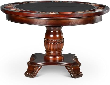 Steve Silver Tournament 51" x 51" Traditional Round Faux Leather & Wood Poker Game Table with Casters, Chairs, Pedestal Base, Removable Top