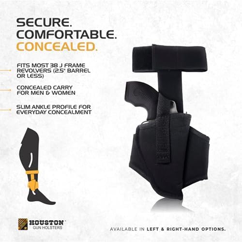 Houston Gun Holsters Ankle Revolver Holster, .38 J-Frame | Concealed Carry Ankle Holster, Fits .38 Special J-Frame Revolvers, 2.5 in Barrel or Less, Adjustable Strap, Black