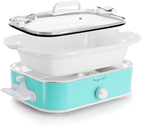 MegaChef 3.5 Quart Rectangle Casserole Slow Cooker with 3 Temperature Settings, Carry Handles and Locking Tempered Glass Lid (Cream)