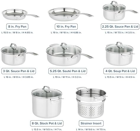 Viking 3-Ply Pots and Pans Set, 17 Piece Stainless Steel Cookware Glass Lids, Steamer Insert, Silver