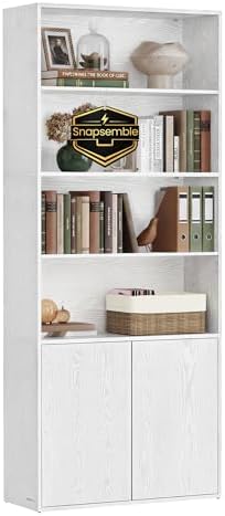 SONGMICS HOME Book Shelf, Snapsemble Superfast Assembly, 6-Tier Floor Standing Bookcase with Doors and Adjustable Shelves, 70.4 Inches Tall for Bedroom Study Living Room, Snow White