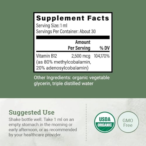 Earth Harmony Naturals Organic Vegan Vitamin B12 Sublingual Liquid Supplement - 2500mcg Methylcobalamin Drops for Natural Energy, Metabolism Health and Immune System Support - 1 Fl Oz