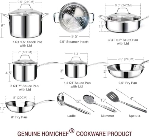 HOMICHEF 14-Piece Nickel Free Stainless Steel Cookware Set Whole-Clad 3-Ply - Mirror Polished Pots And Pans Set - Healthy Cookware Set With Steamer