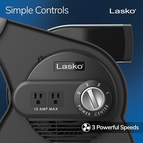 Lasko High Velocity Fan, 15", 375 CFM, Professional Utility Pivoting Blower Fan with 3 Speeds, 2 Accessory Outlets, 120V, Black, Model U15617