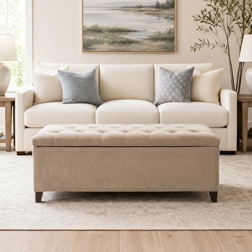 Madison Park 49" Upholstered Storage Bench, Button Tufted End of Bed Bench with Storage, Dual Spring Soft-Close Lid, Bedroom Bench for Queen King Bed, Entryway Living Room, Grey