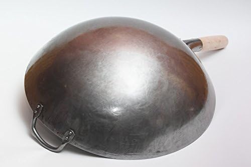 Craft Wok Big 16 Inch Heavy Hand Hammered Carbon Steel Pow Wok with Wooden and Steel Helper Handle (Round Bottom) / 731W138