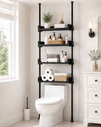 ALLZONE Bathroom Organizer, Over The Toilet Storage, 4-Tier Adjustable Wood Shelves for Small Rooms, Saver Space Rack, 92 to 116 Inch Tall