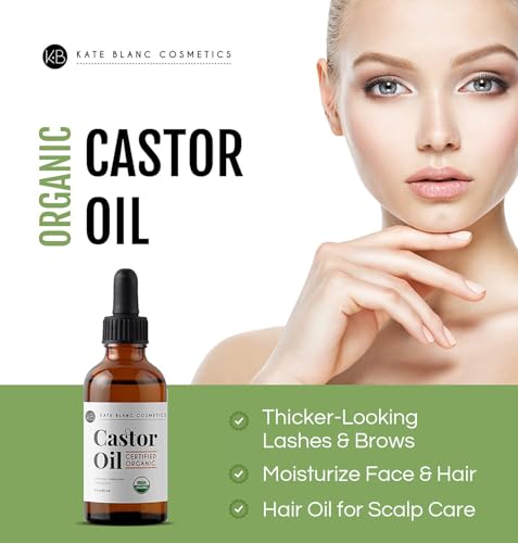 Kate Blanc Cosmetics Castor Oil Organic (4oz), 100% Pure, Cold Pressed, Hexane Free. Natural Oil for Hair, Eyelashes, Eyebrows. Skin Moisturizer with Starter Kit