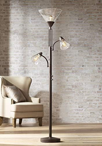 Warwick 71 1/2" Tall Tiger Bronze and Seeded Glass Torchiere Floor Lamp | Industrial Tree LED 3-Light Edison 5 Metal Clear Seedy Shade for Living