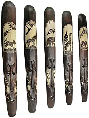 Zeckos Set of 5 African Tribal Mask Wall Hangings, 39 Inch Hand-Carved Wood | Hand-Stained and Hand-Painted Details, Crafted by Indonesian Artisans
