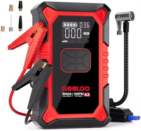 GOOLOO A3 12V 3000A Portable Jump Starter with Air Compressor | Supersafe Car Battery Booster Pack (9L Gas/6.5L Diesel) - BOOST for Dead Battery - 150 PSI Auto-Off Tire Inflator - LED Light