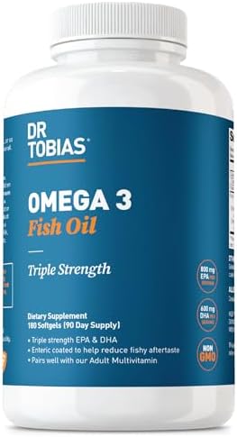 Dr. Tobias Omega 3 Fish Oil 2000mg Triple Strength | 180 Softgels | Heart, Brain & Joint Support | 2,000 mg Fish Oil | 800 mg EPA + 600 mg DHA | Delayed Release Omega 3 Supplement | 90 Servings